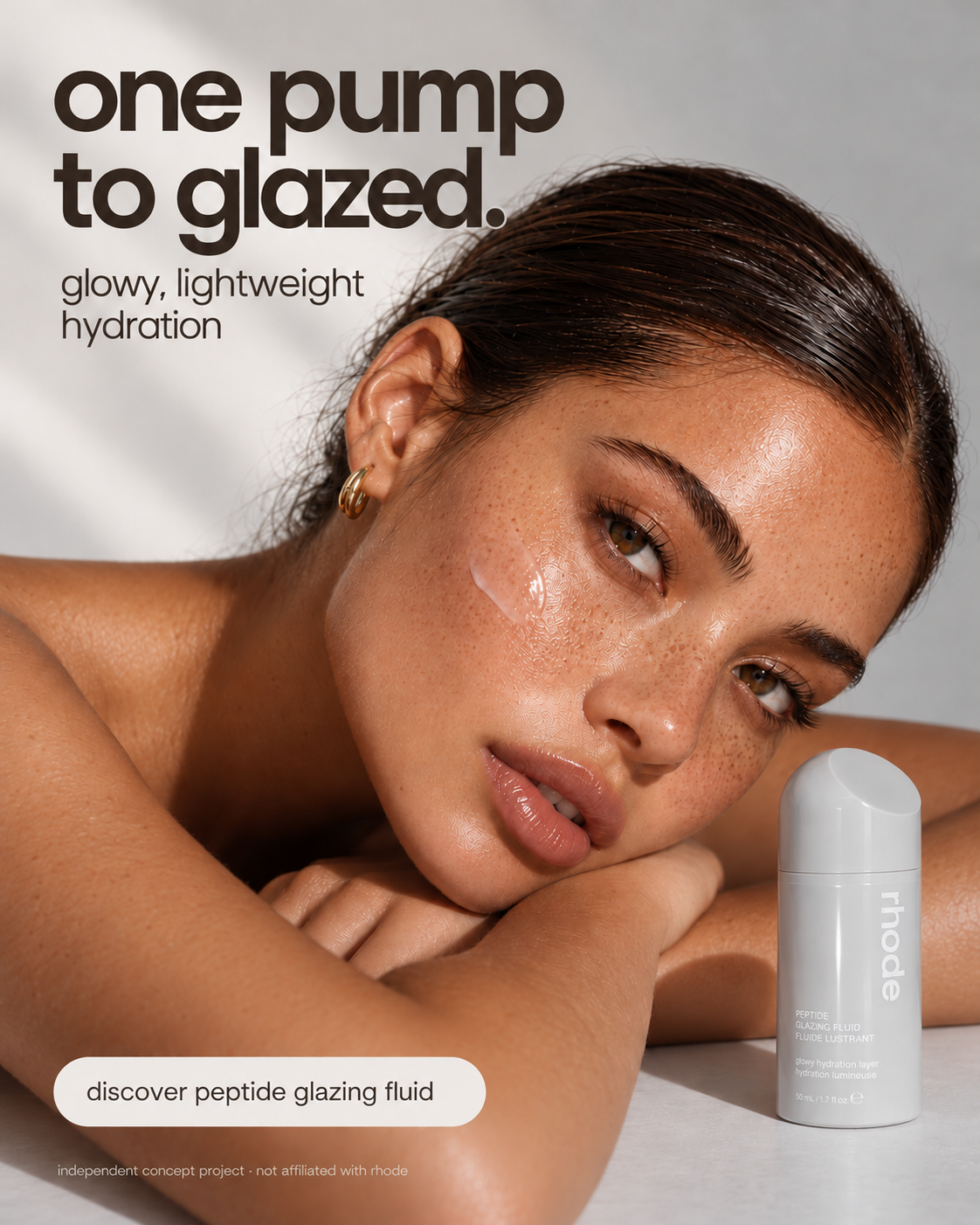Result ad: model with dewy skin beside the same skincare bottle — one pump to glazed