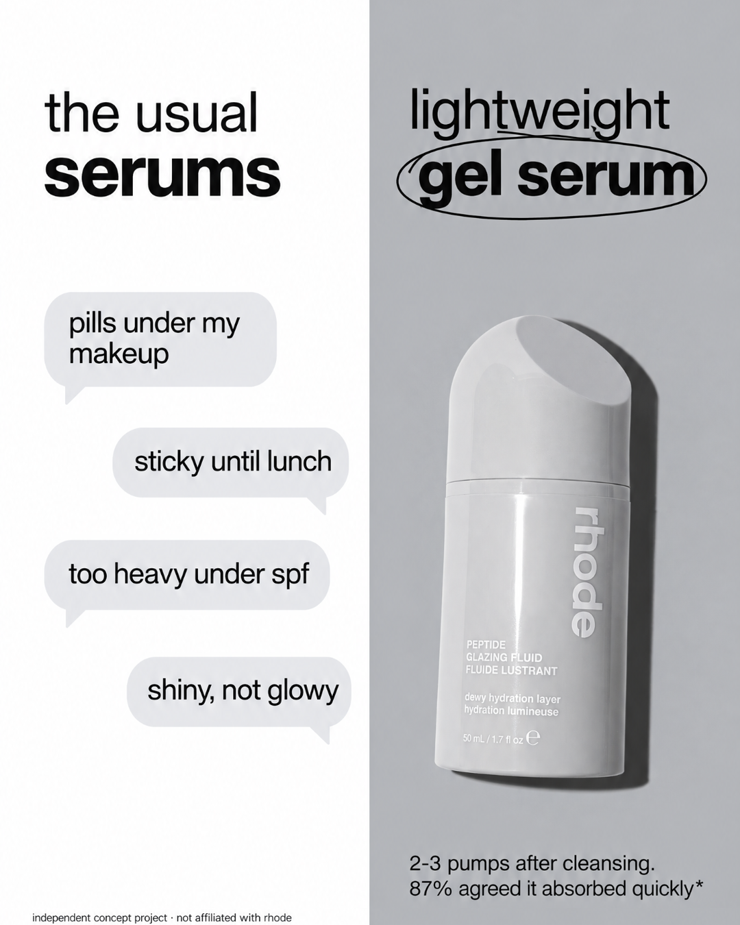 Comparison ad: the usual serums versus a lightweight gel serum, with the same skincare bottle