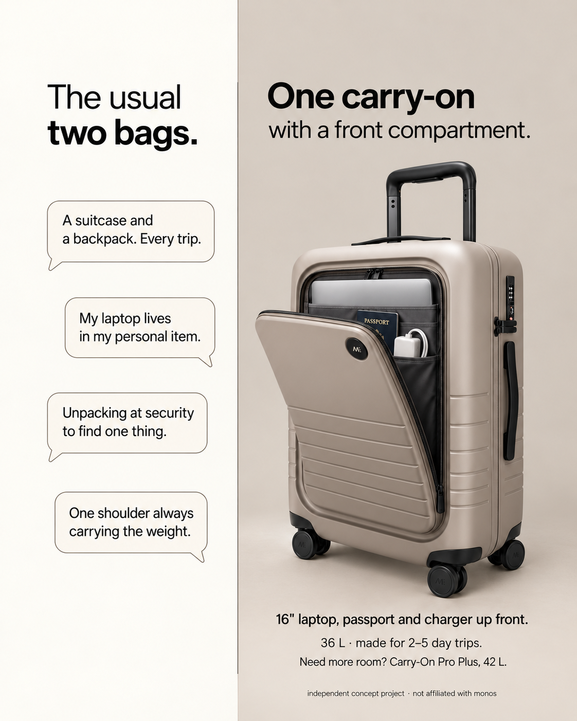 Carry-on suitcase static ad — the usual two bags versus one carry-on with a front compartment