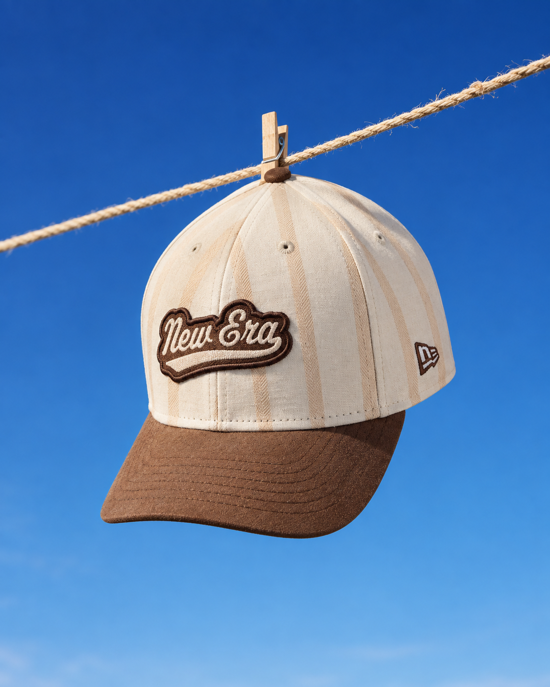 Cap campaign visual — hanging on a clothesline against a blue sky