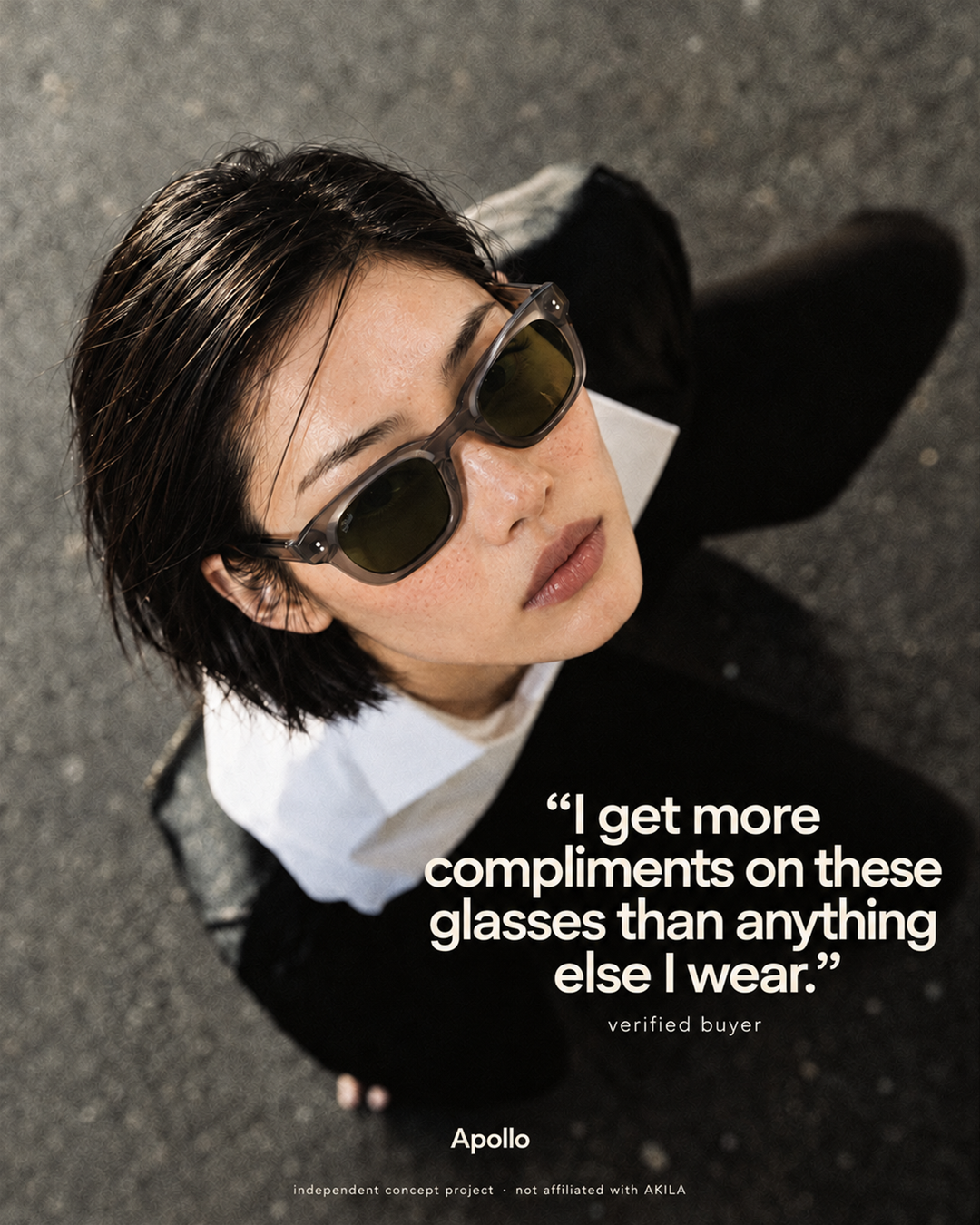 Sunglasses static ad — verified-buyer quote over a model seen from above