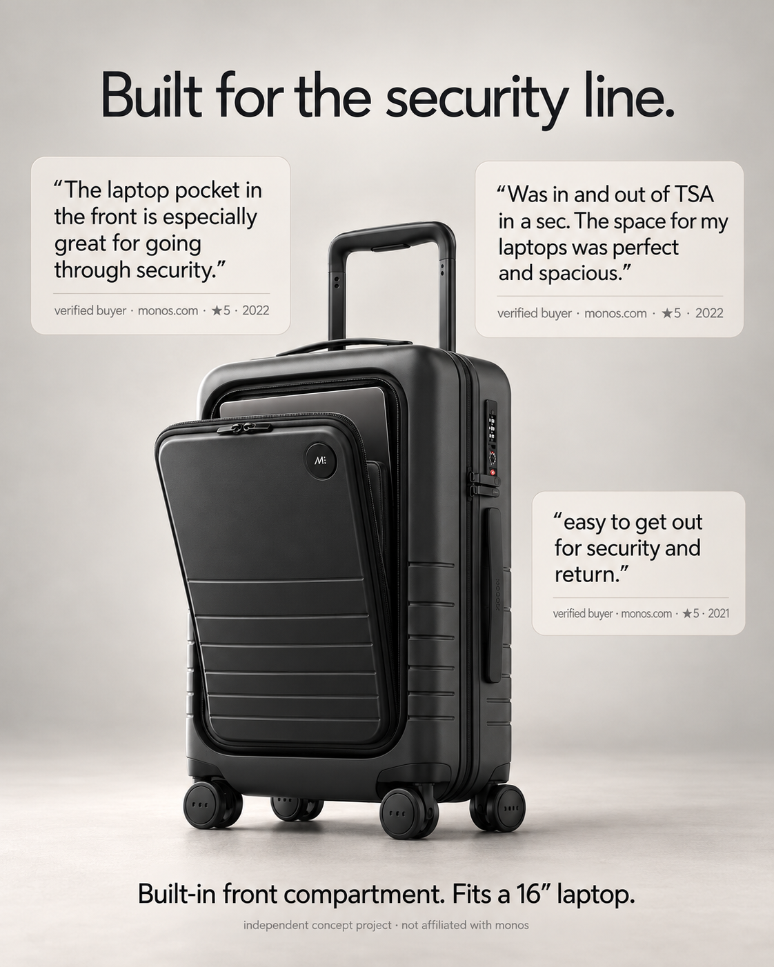 Carry-on static ad — built for the security line, verified-buyer quotes around an open front compartment