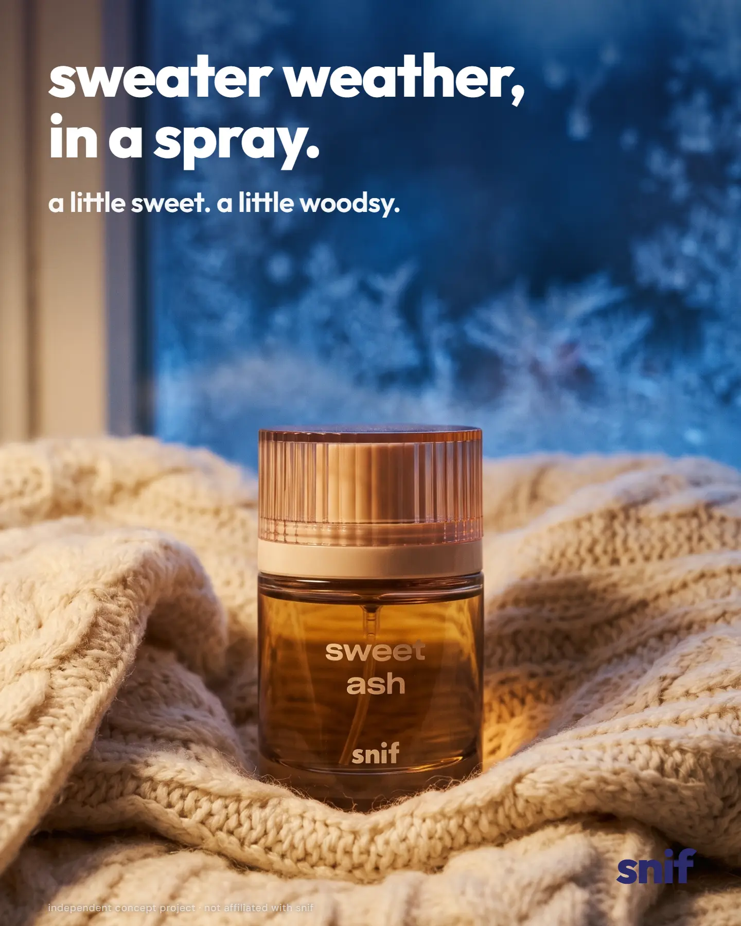 Fragrance static ad — sweater weather, in a spray, over a snowy window